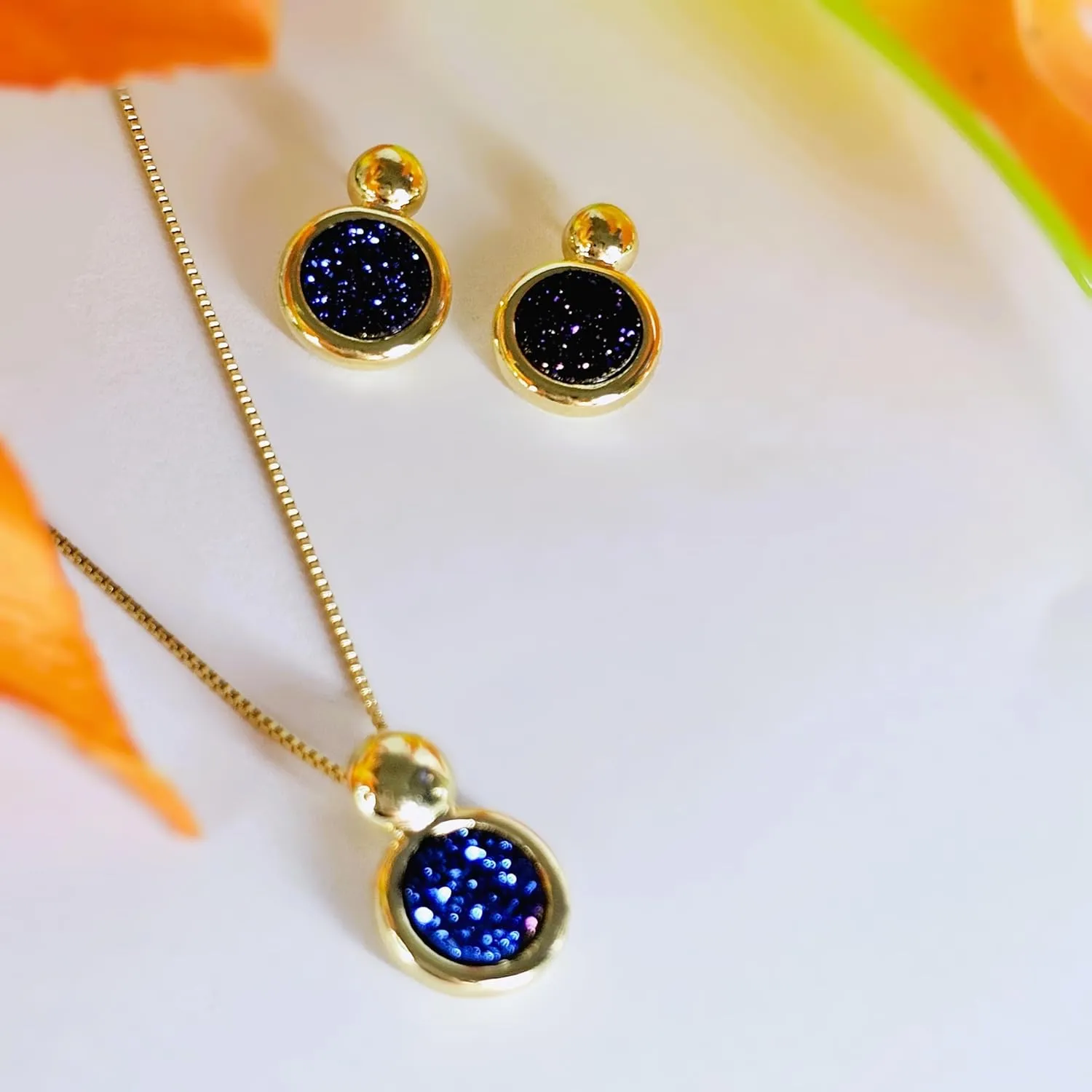Brazilian Designed Gold Plated Earrings and Necklace with natural gemstone - Comfy Hypoallergenic Statement Jewelry set for Women 0.7 inch (1,8 cm) Made in Brazil