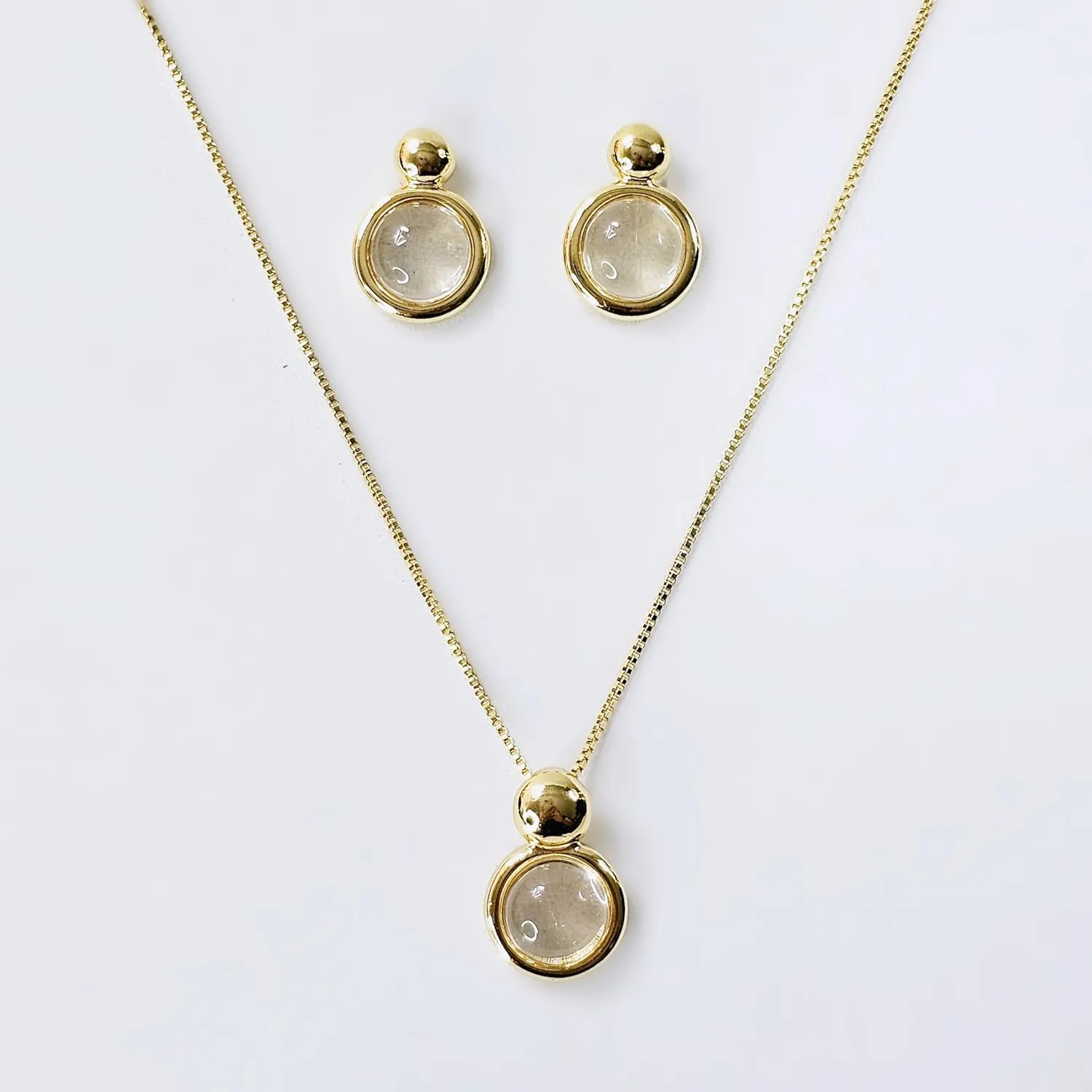 Brazilian Designed Gold Plated Earrings and Necklace with natural gemstone - Comfy Hypoallergenic Statement Jewelry set for Women 0.7 inch (1,8 cm) Made in Brazil