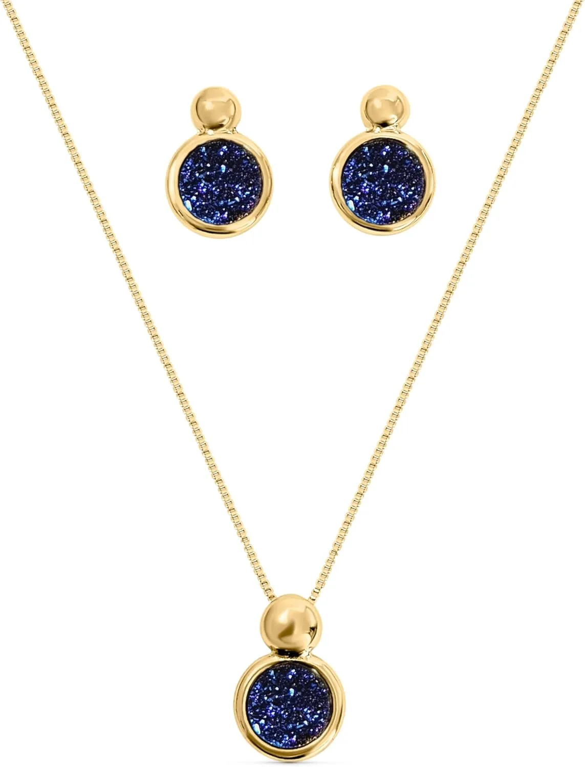 Brazilian Designed Gold Plated Earrings and Necklace with natural gemstone - Comfy Hypoallergenic Statement Jewelry set for Women 0.7 inch (1,8 cm) Made in Brazil