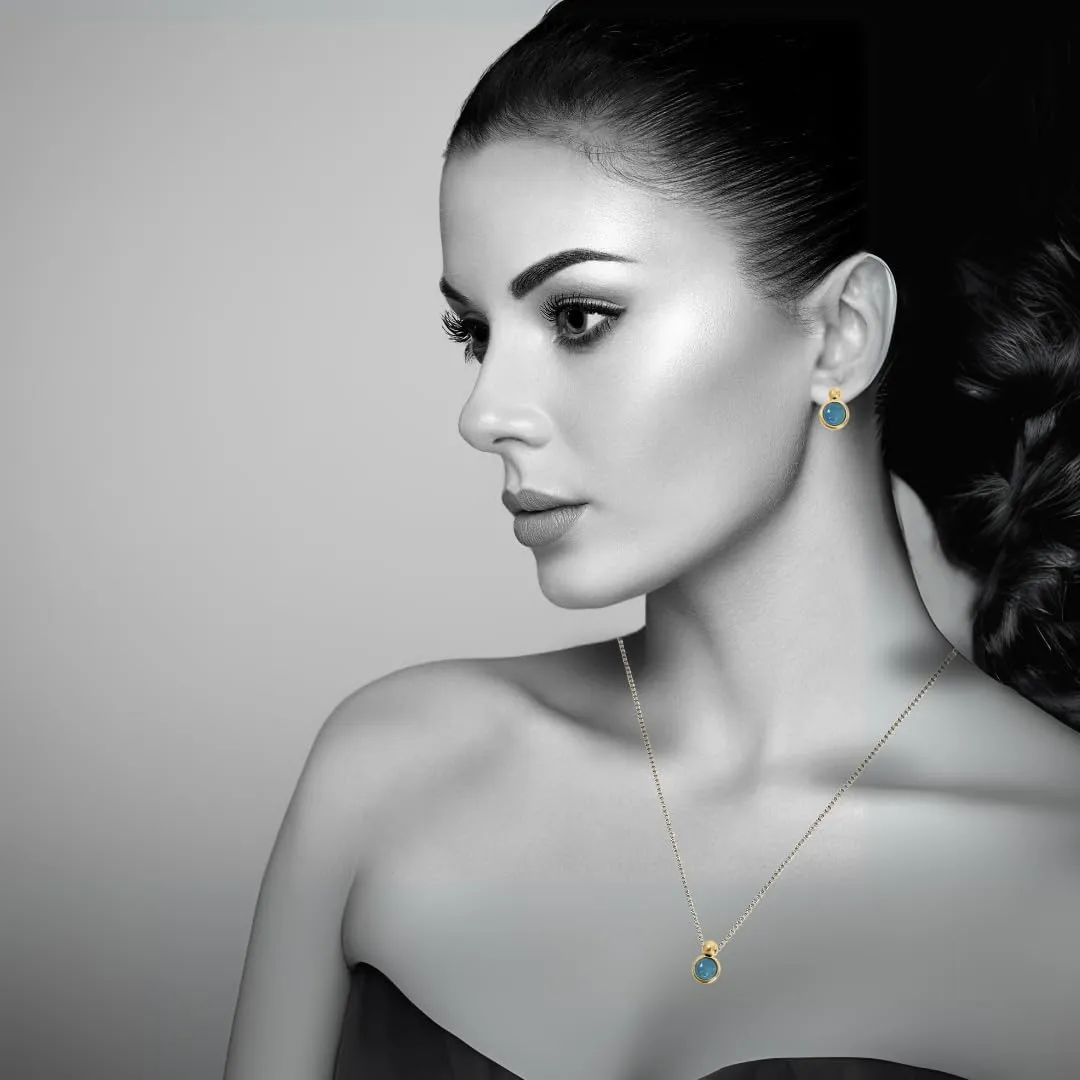 Brazilian Designed Gold Plated Earrings and Necklace with natural gemstone - Comfy Hypoallergenic Statement Jewelry set for Women 0.7 inch (1,8 cm) Made in Brazil