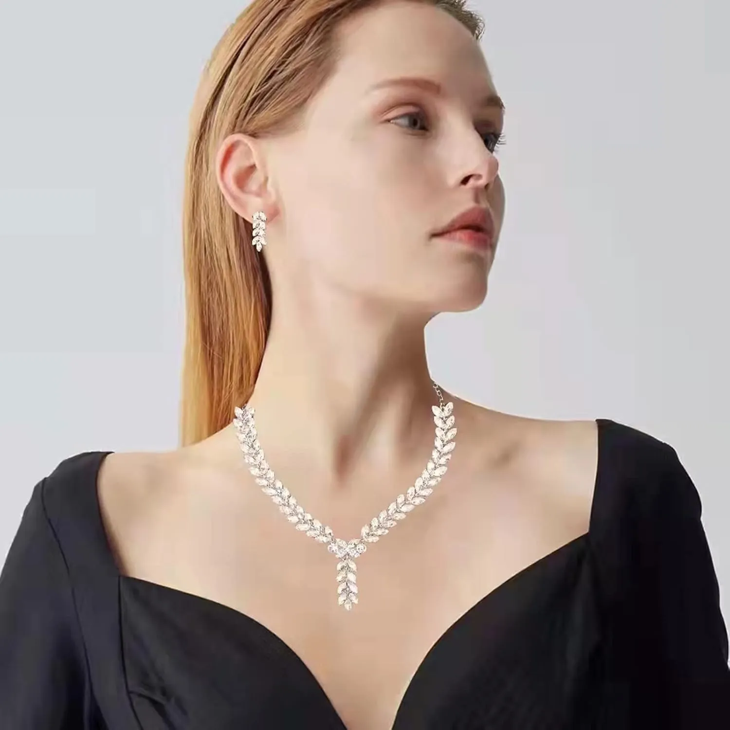 Bridal Bridesmaid Austrian Crystal Elegant V-Shaped Necklace Dangle Earring Sets for Wedding Party Prom