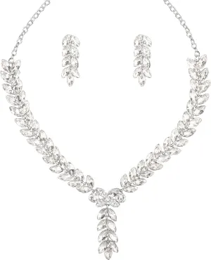 Bridal Bridesmaid Austrian Crystal Elegant V-Shaped Necklace Dangle Earring Sets for Wedding Party Prom