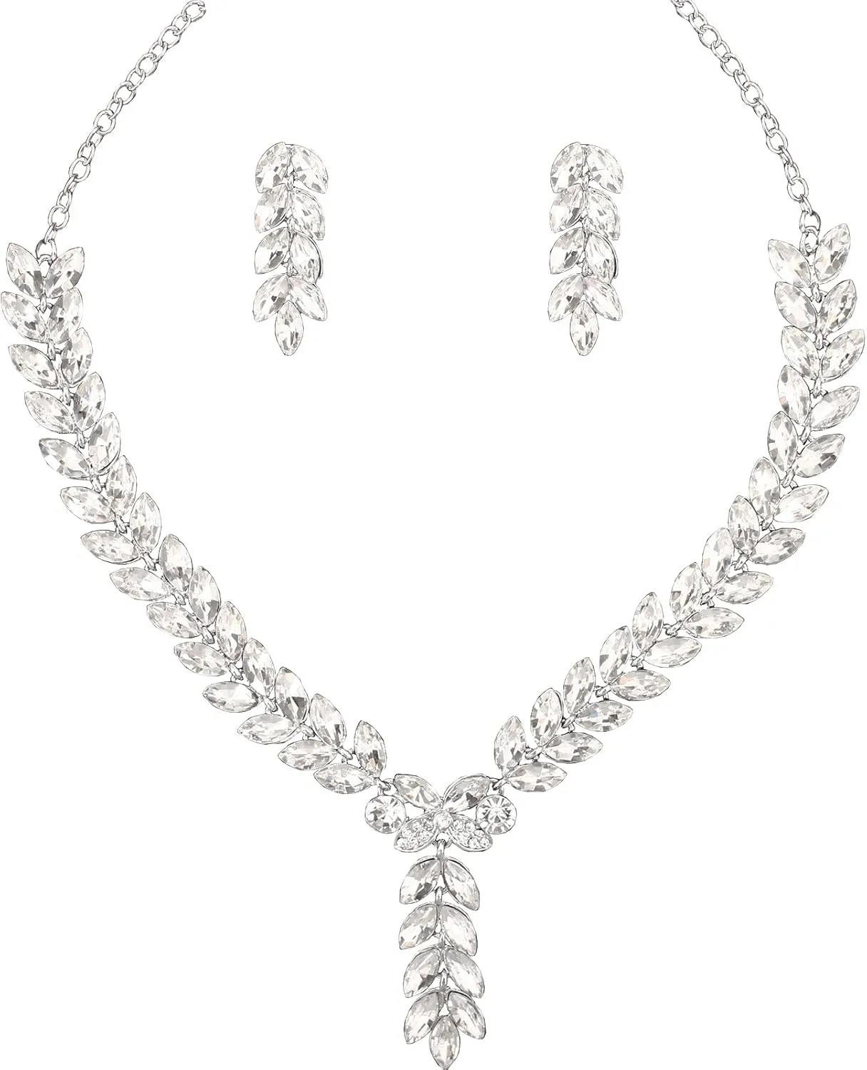 Bridal Bridesmaid Austrian Crystal Elegant V-Shaped Necklace Dangle Earring Sets for Wedding Party Prom