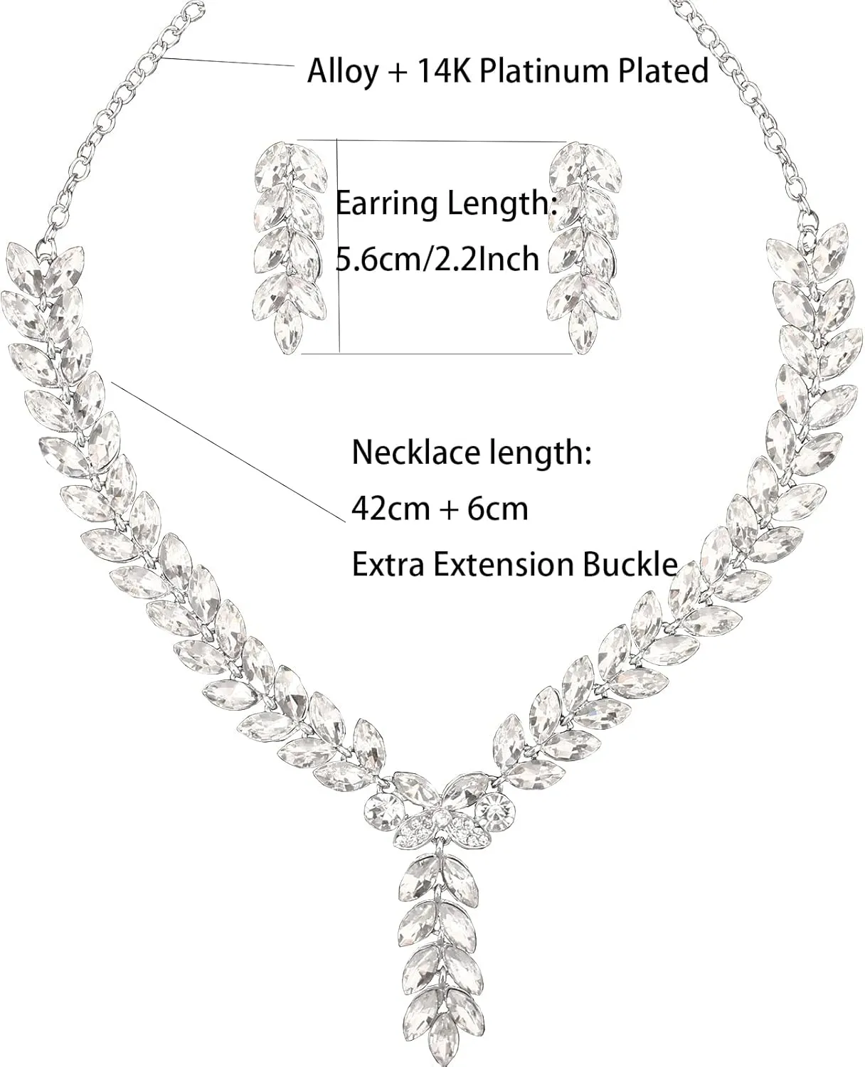 Bridal Bridesmaid Austrian Crystal Elegant V-Shaped Necklace Dangle Earring Sets for Wedding Party Prom