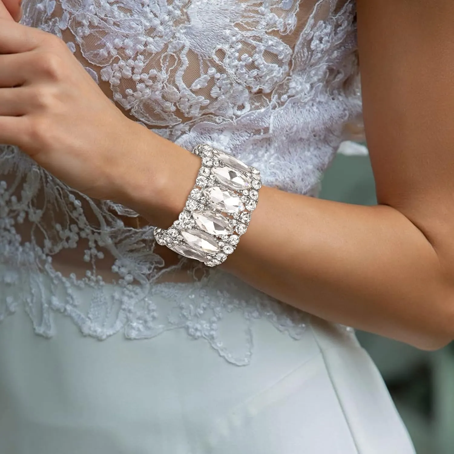 BriLove Wedding Bridal Elegant Crystal Double Row Rhinestones Marquise Cluster Stretch Bangle Bracelet for Bride