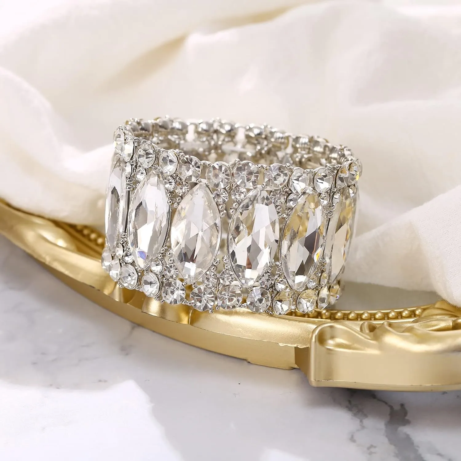 BriLove Wedding Bridal Elegant Crystal Double Row Rhinestones Marquise Cluster Stretch Bangle Bracelet for Bride