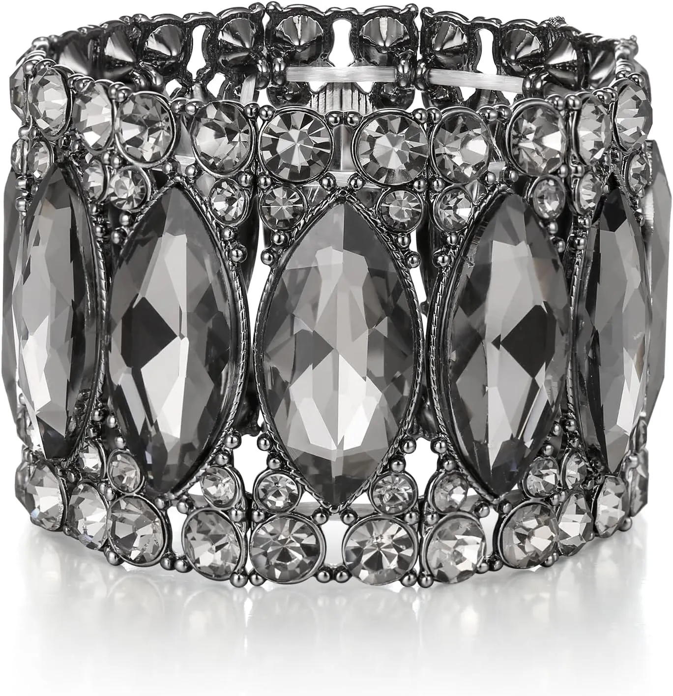 BriLove Wedding Bridal Elegant Crystal Double Row Rhinestones Marquise Cluster Stretch Bangle Bracelet for Bride