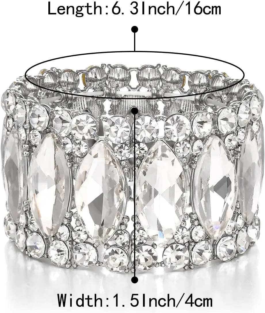 BriLove Wedding Bridal Elegant Crystal Double Row Rhinestones Marquise Cluster Stretch Bangle Bracelet for Bride