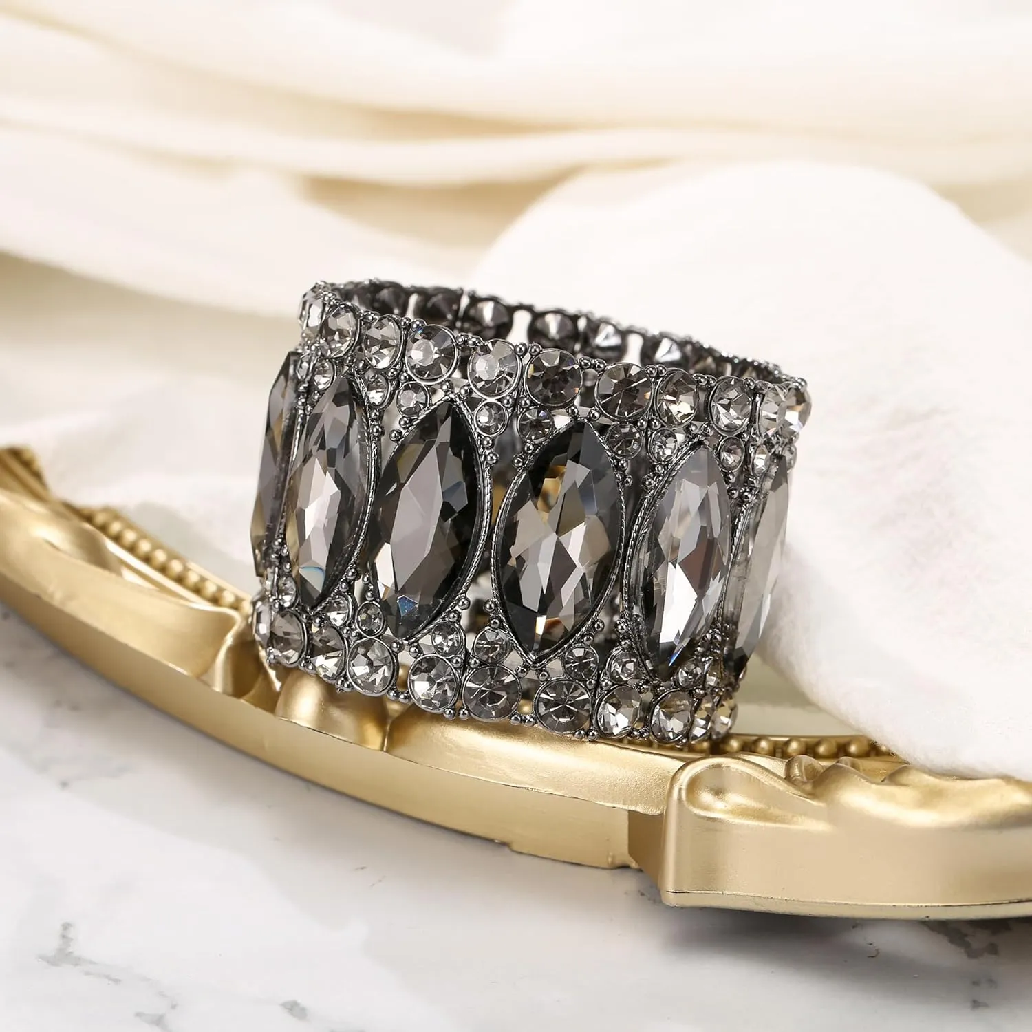 BriLove Wedding Bridal Elegant Crystal Double Row Rhinestones Marquise Cluster Stretch Bangle Bracelet for Bride