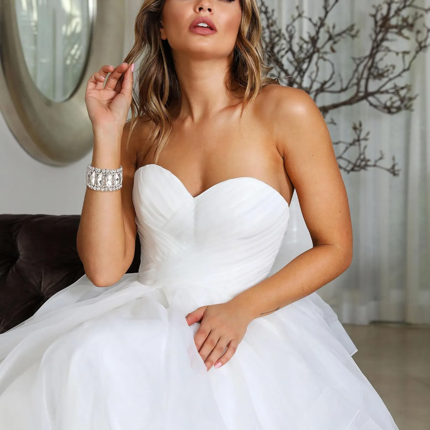 BriLove Wedding Bridal Elegant Crystal Double Row Rhinestones Marquise Cluster Stretch Bangle Bracelet for Bride