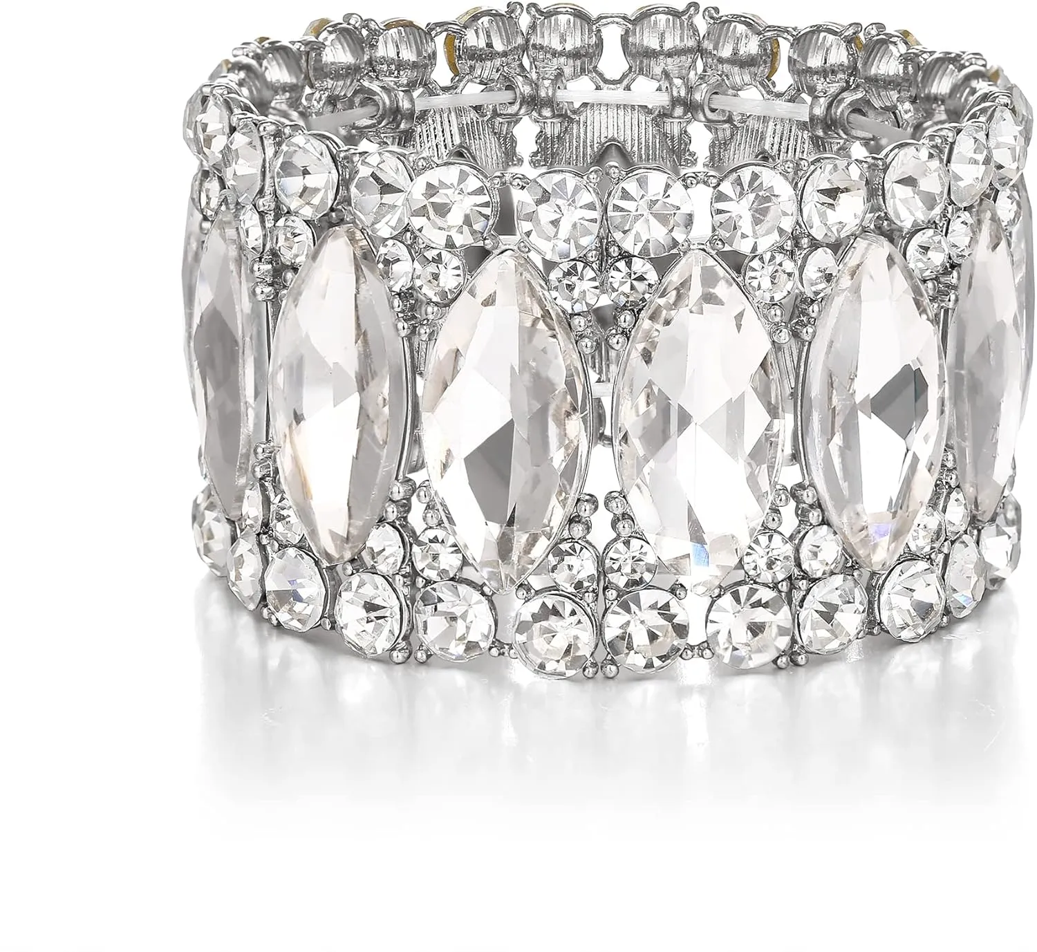 BriLove Wedding Bridal Elegant Crystal Double Row Rhinestones Marquise Cluster Stretch Bangle Bracelet for Bride