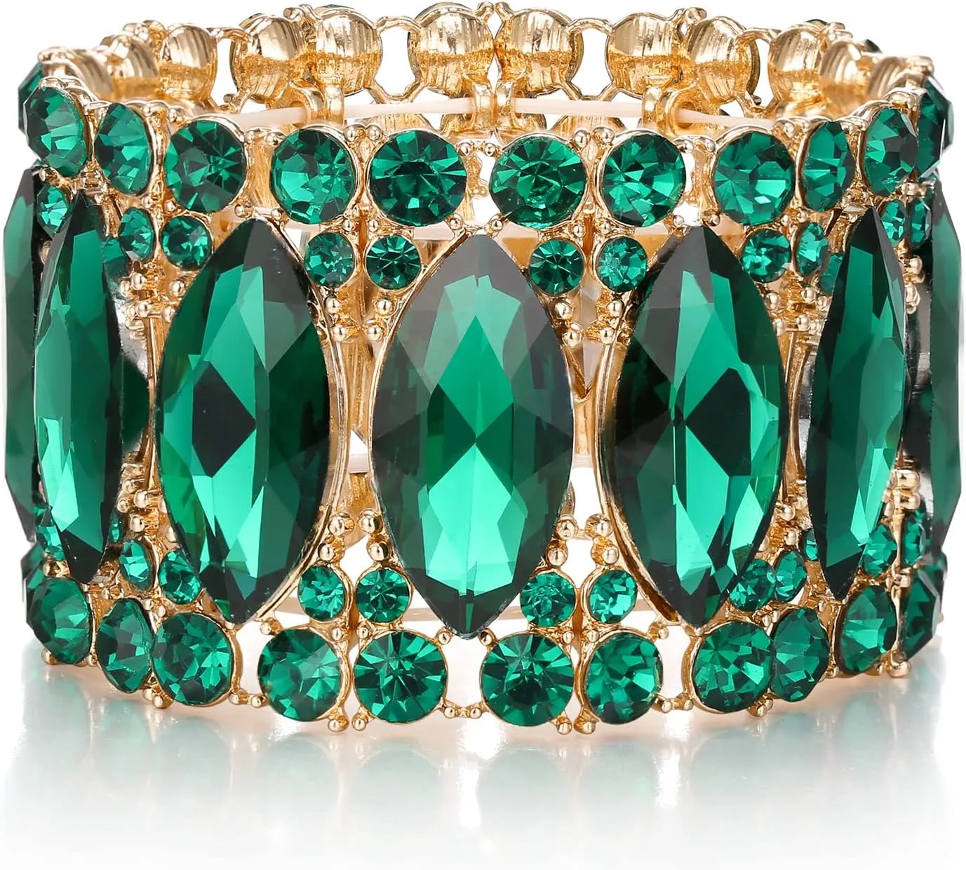 BriLove Wedding Bridal Elegant Crystal Double Row Rhinestones Marquise Cluster Stretch Bangle Bracelet for Bride