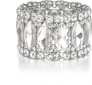 BriLove Wedding Bridal Elegant Crystal Double Row Rhinestones Marquise Cluster Stretch Bangle Bracelet for Bride