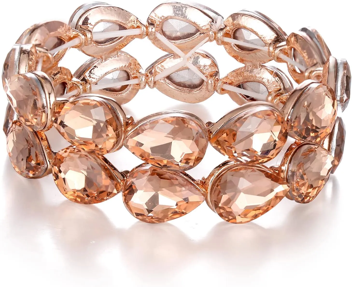 BriLove Wedding Bridal Elegant Crystal Double Row Teardrop Cluster Stretch Bangle Bracelet for Bride