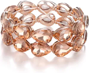 BriLove Wedding Bridal Elegant Crystal Double Row Teardrop Cluster Stretch Bangle Bracelet for Bride