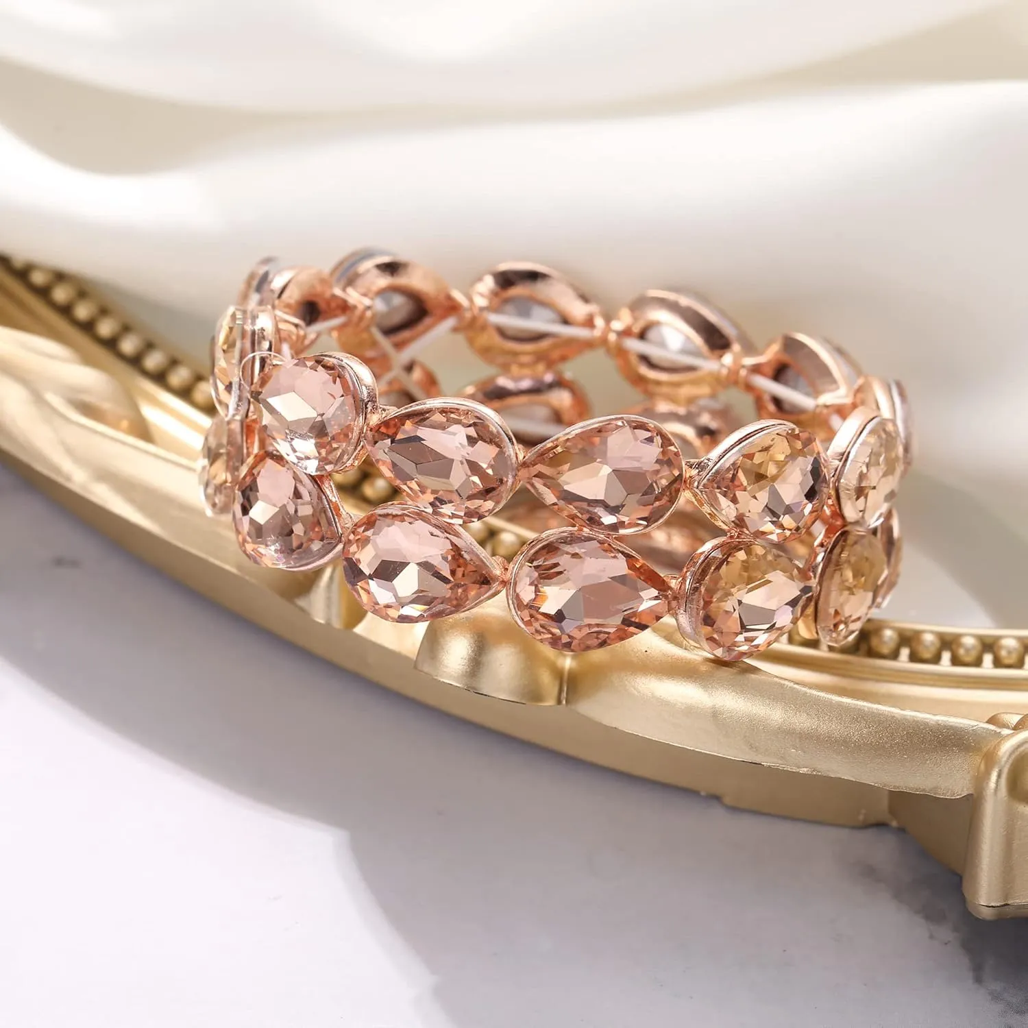 BriLove Wedding Bridal Elegant Crystal Double Row Teardrop Cluster Stretch Bangle Bracelet for Bride
