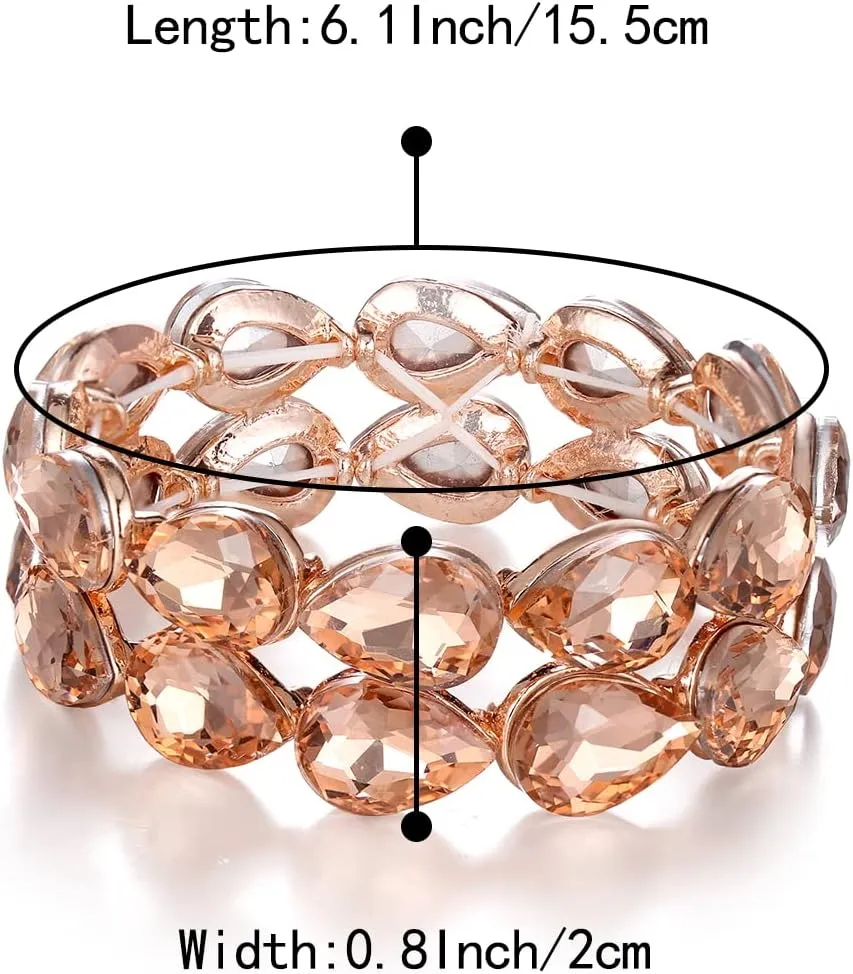 BriLove Wedding Bridal Elegant Crystal Double Row Teardrop Cluster Stretch Bangle Bracelet for Bride