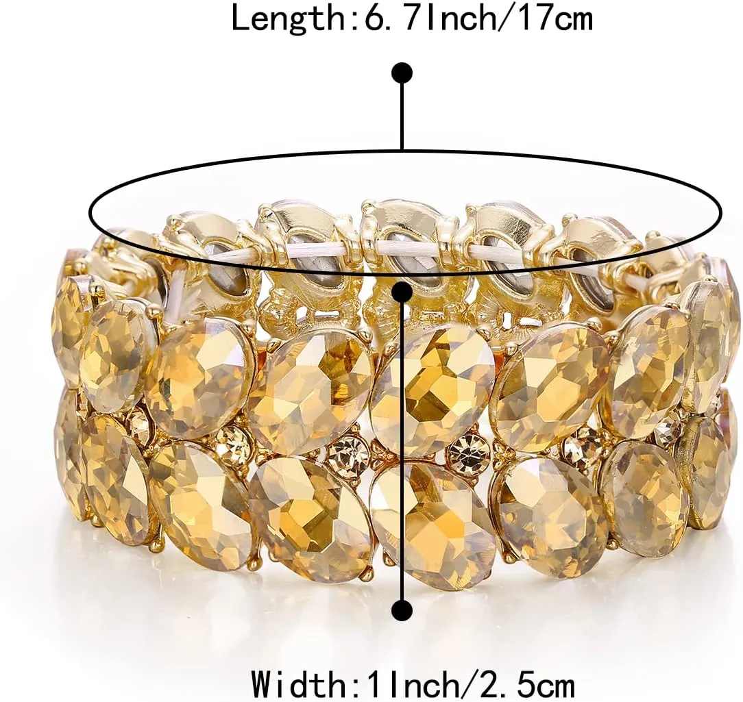 BriLove Wedding Bridal Elegant Crystal Double Row Teardrop Rhinestones Cluster Stretch Bangle Bracelet for Bride