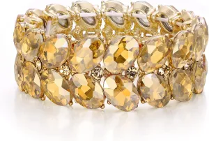BriLove Wedding Bridal Elegant Crystal Double Row Teardrop Rhinestones Cluster Stretch Bangle Bracelet for Bride
