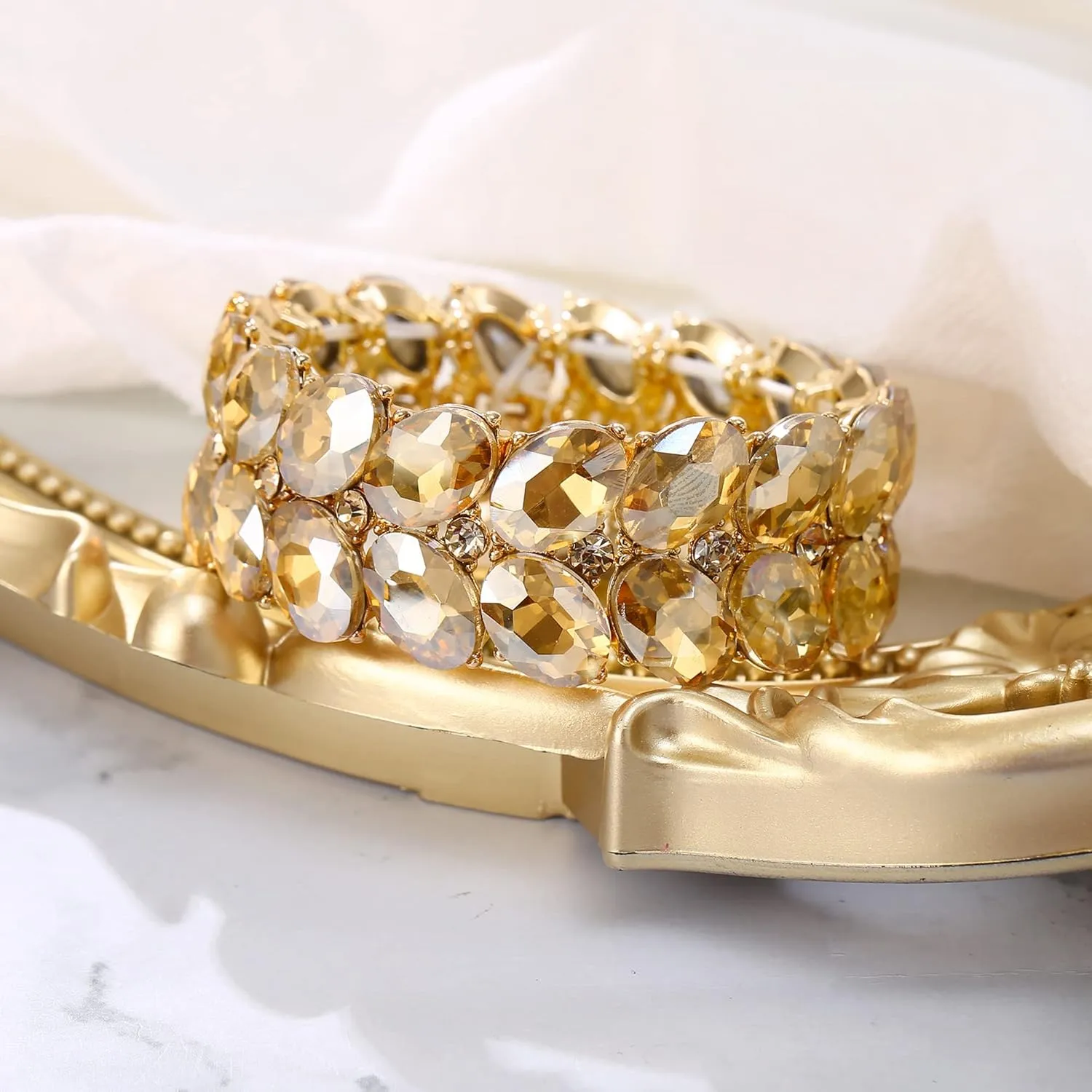 BriLove Wedding Bridal Elegant Crystal Double Row Teardrop Rhinestones Cluster Stretch Bangle Bracelet for Bride