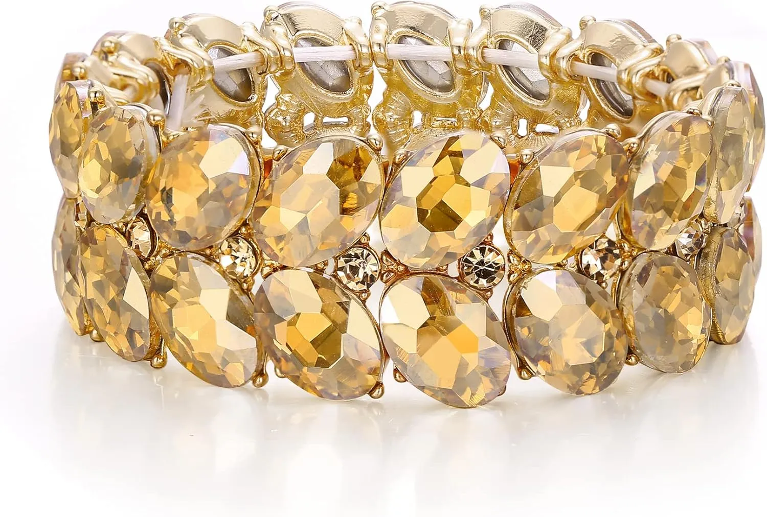 BriLove Wedding Bridal Elegant Crystal Double Row Teardrop Rhinestones Cluster Stretch Bangle Bracelet for Bride
