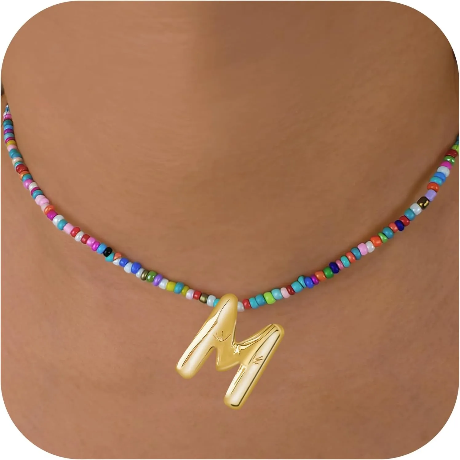 Bubble Letter Necklaces for Girls Gifts, Beaded Gold Plated Initial Name Necklace with Balloon Alphabet Pendant Personalized for Women, Teens and Preteen