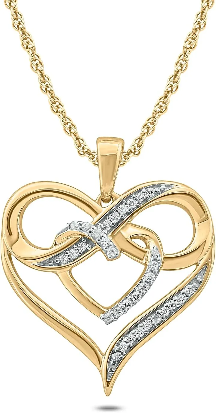 Cali Trove 1/10ct Natural Diamond Double Heart Infinity Pendant Necklace for Women | 10KT Gold Heart Infinity Pendants for Her |Mother's day Jewelry Gifts in Pink, White or Yellow Gold