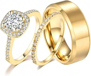 CEJUG 1.5Ct Cz Wedding Ring Sets for Him and Her Womens Mens Titanium Stainless Steel Rings Bands 18k Gold Couple Rings