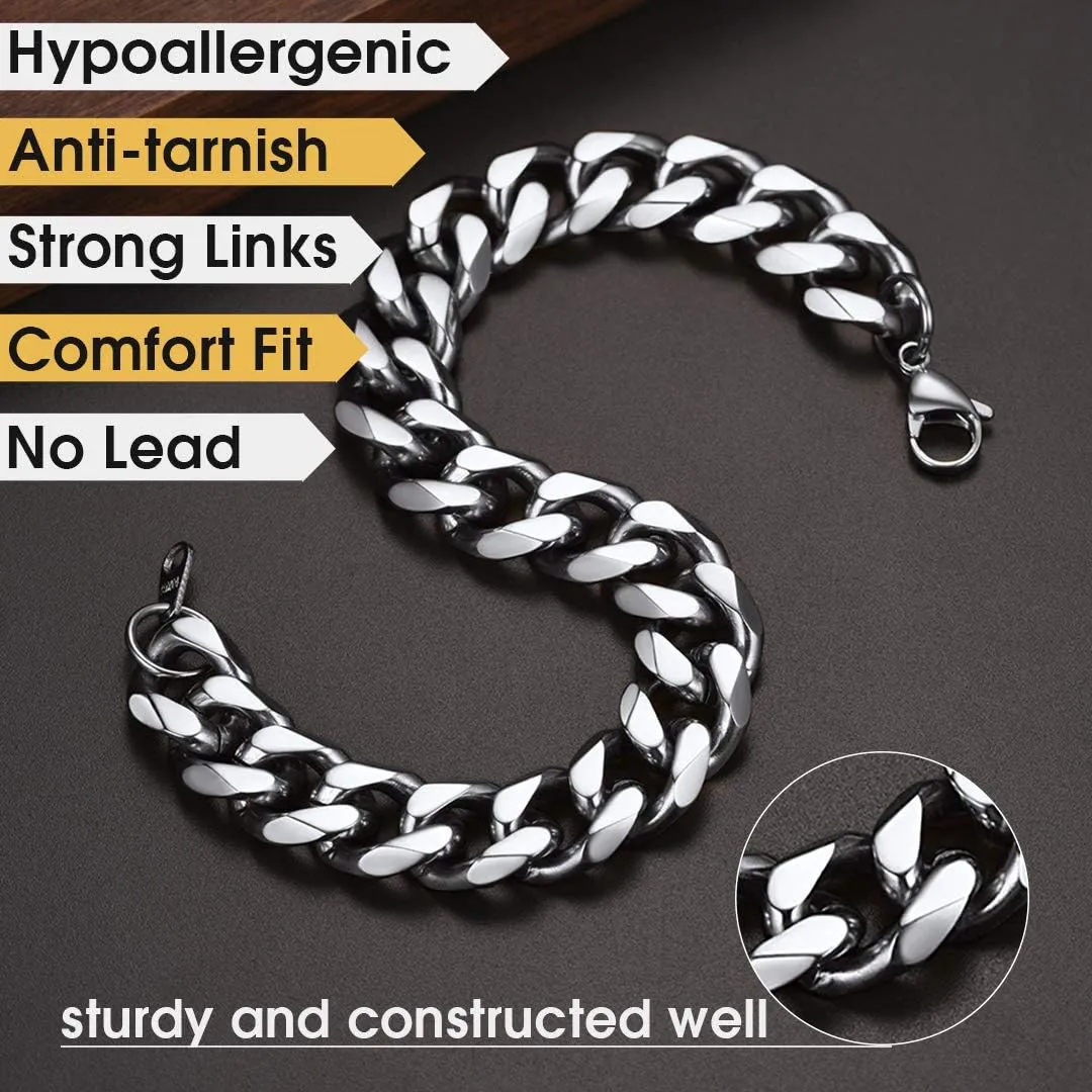 ChainsHouse Men Women Cuban Link Bracelet Stainless Steel/Black/14K Gold Plated Classic 3MM/6MM/9MM/12MM Wide Curb Chain Wrist Bracelets, 6.3"-8.3" Length, Send Gift Box