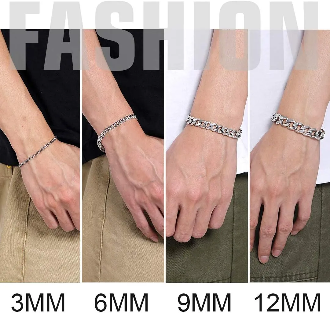 ChainsHouse Men Women Cuban Link Bracelet Stainless Steel/Black/14K Gold Plated Classic 3MM/6MM/9MM/12MM Wide Curb Chain Wrist Bracelets, 6.3"-8.3" Length, Send Gift Box