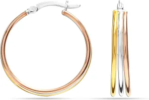 Charmsy 925 Sterling Silver Jewelry 14K Three-Tone Intertwining Round Hoop Earrings Hypoallergenic High Polished Click-Top Hoops Earring for Women and Teen