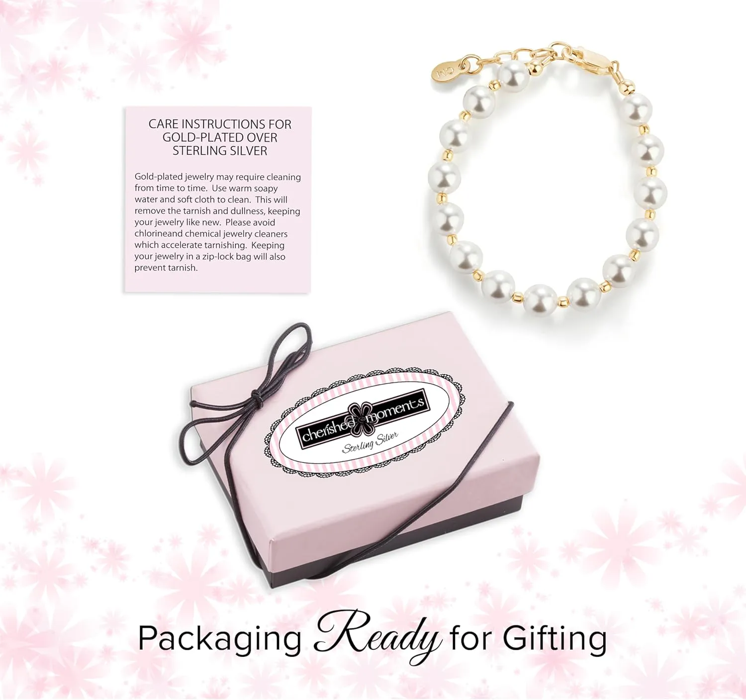 Cherished Moments 14K Gold Plated and Sterling Silver Bracelet with Chunky Simulated Pearls for Babies and Little Girls