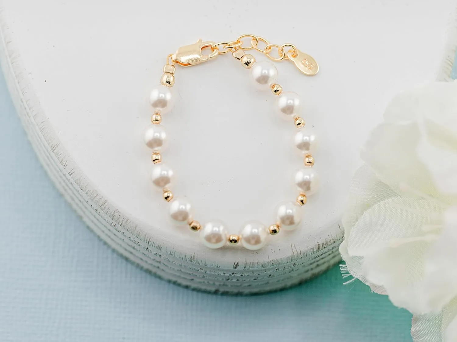 Cherished Moments 14K Gold Plated and Sterling Silver Bracelet with Chunky Simulated Pearls for Babies and Little Girls
