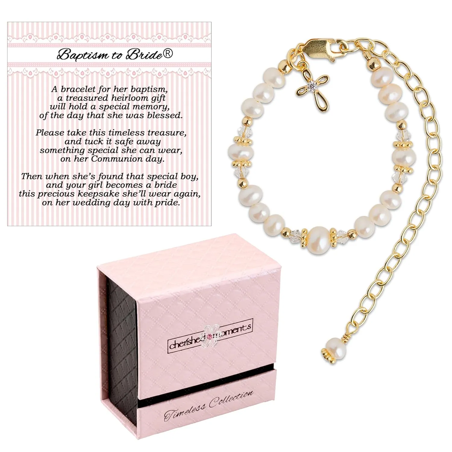 Cherished Moments 14K Gold-Plated Baptism to Bride Cross Bracelet Gift for Infant Girls with Cultured Pearls or Baby Christening Gift