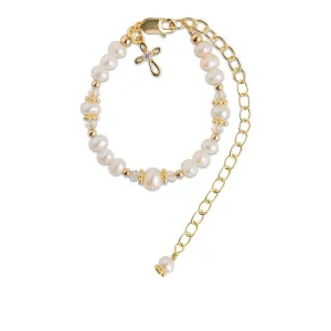 Cherished Moments 14K Gold-Plated Baptism to Bride Cross Bracelet Gift for Infant Girls with Cultured Pearls or Baby Christening Gift