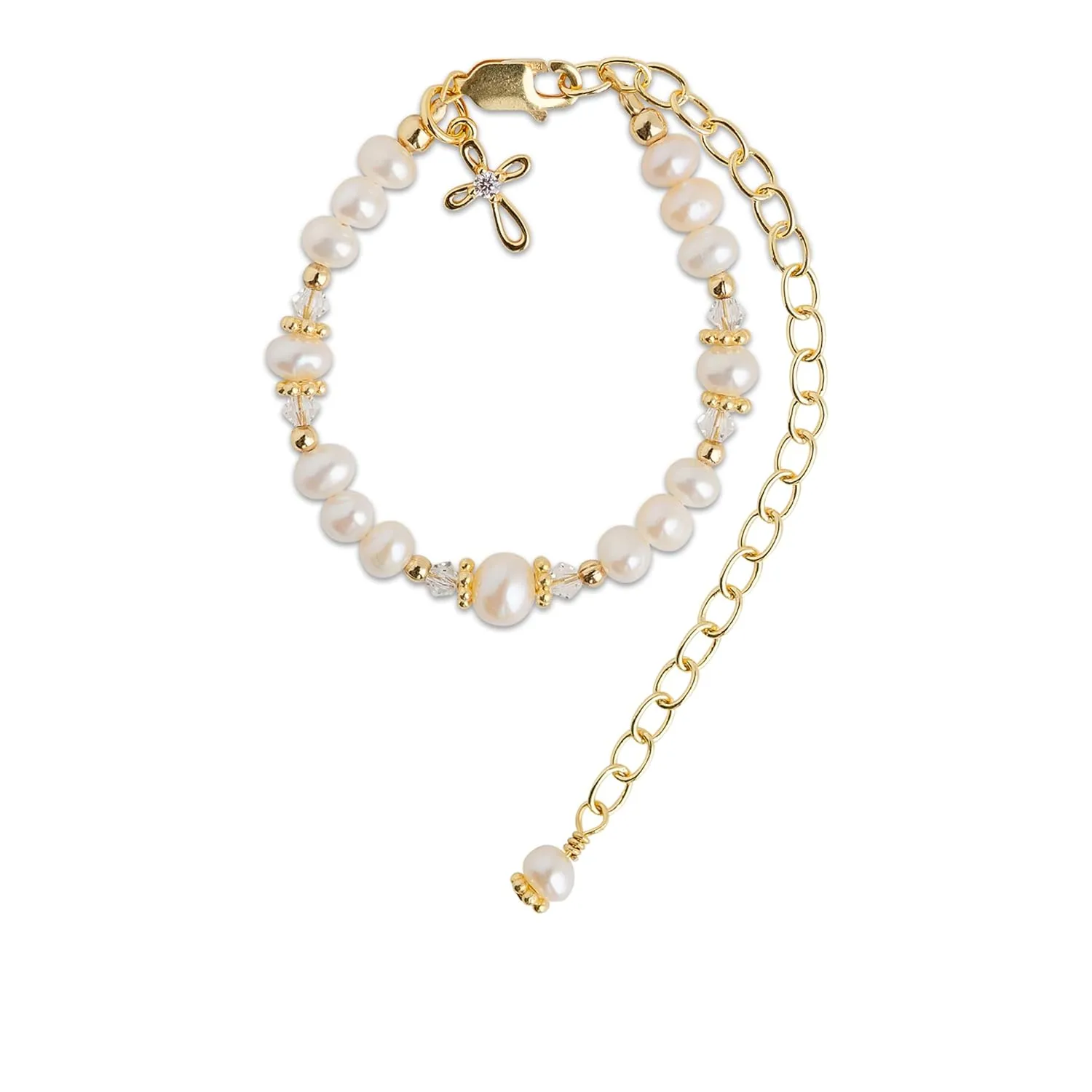 Cherished Moments 14K Gold-Plated Baptism to Bride Cross Bracelet Gift for Infant Girls with Cultured Pearls or Baby Christening Gift