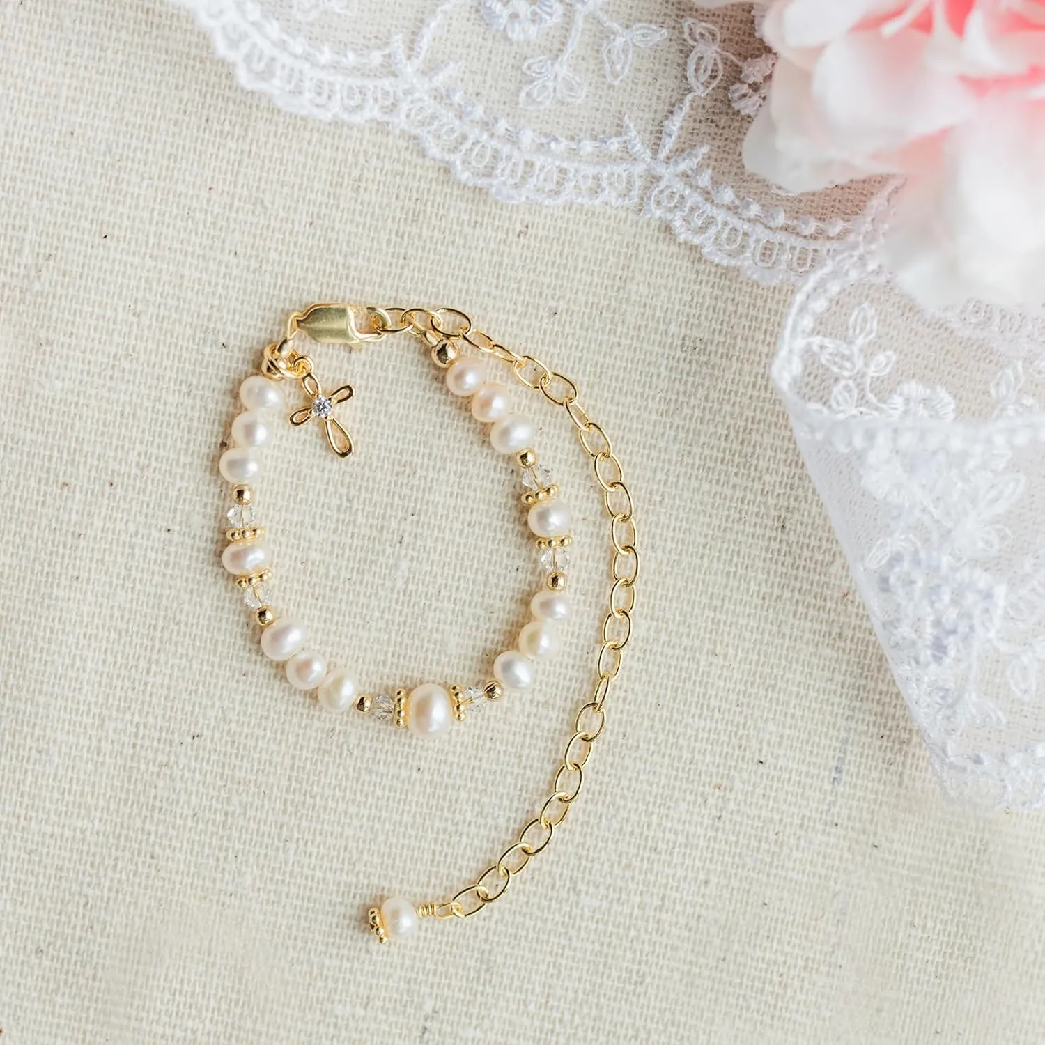 Cherished Moments 14K Gold-Plated Baptism to Bride Cross Bracelet Gift for Infant Girls with Cultured Pearls or Baby Christening Gift