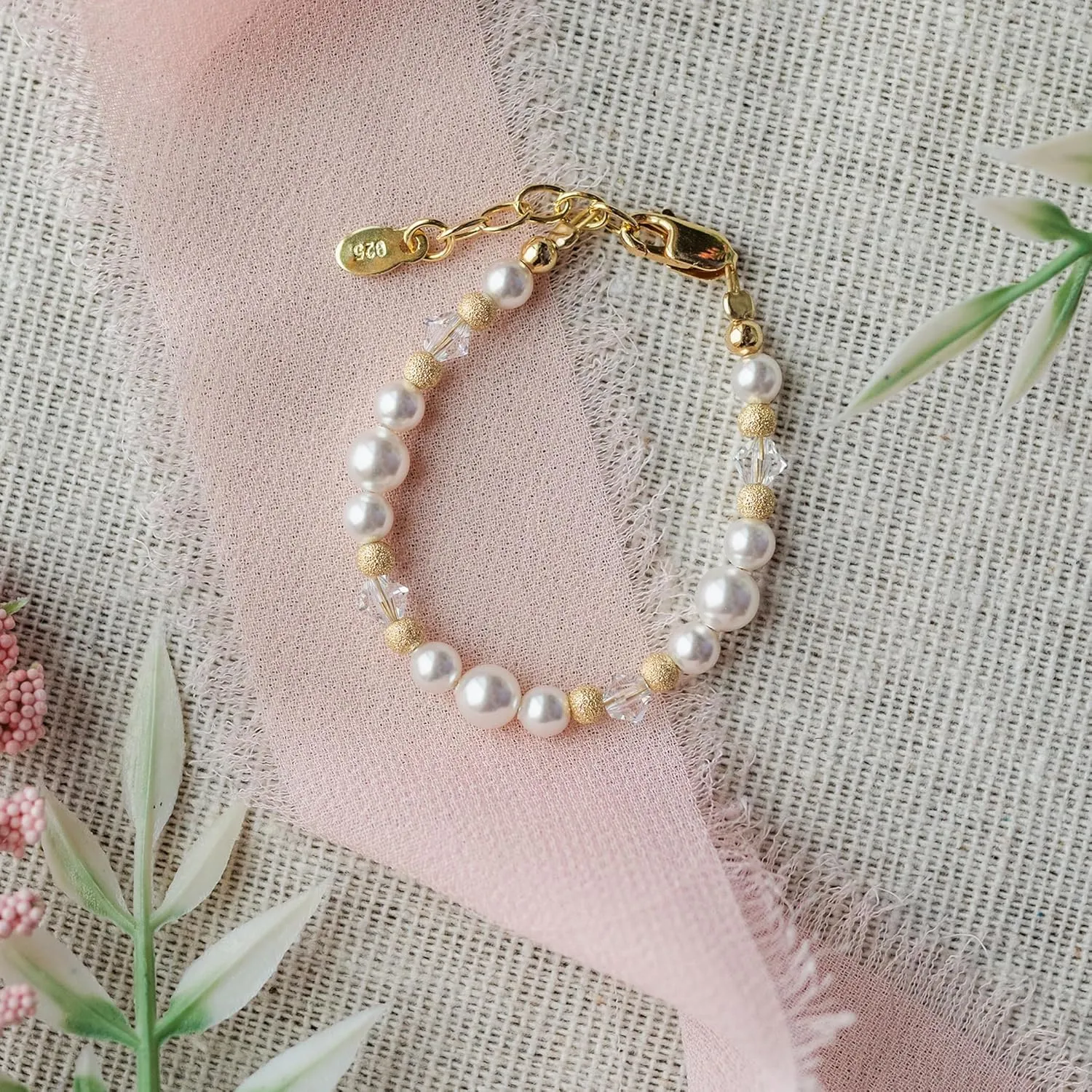 Cherished Moments 14K Gold Plated Bracelet for Babies, Toddlers, Kids, and Little Girls with High-End Simulated Pearls, Crystals and Gold Sparkle Beads