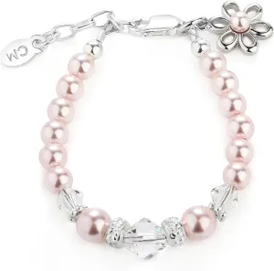 Cherished Moments Baby or Children's Sterling Silver Flower Girl Bracelet with High-End Simulated Pearls with Daisy Charm for Infants, Toddlers, Kids, or Little Girls