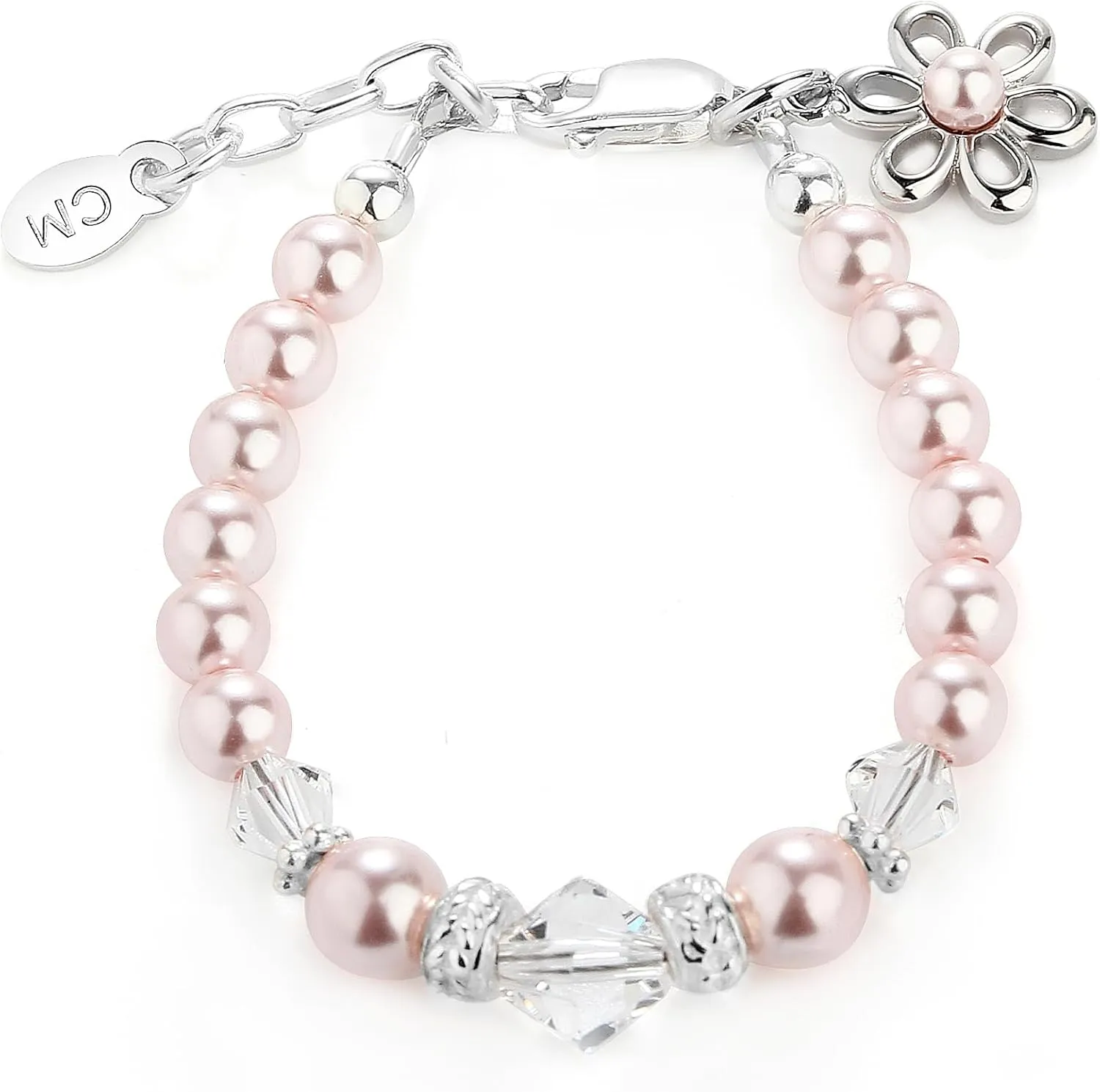 Cherished Moments Baby or Children's Sterling Silver Flower Girl Bracelet with High-End Simulated Pearls with Daisy Charm for Infants, Toddlers, Kids, or Little Girls