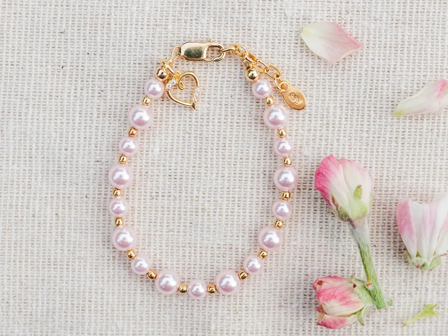Cherished Moments Children's 14K Gold-plated Bracelet with Pink High-End Simulated Pearls and Cross or Heart Charm for Baptism, Christening or First Communion Gift for Girls