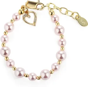 Cherished Moments Children's 14K Gold-plated Bracelet with Pink High-End Simulated Pearls and Cross or Heart Charm for Baptism, Christening or First Communion Gift for Girls
