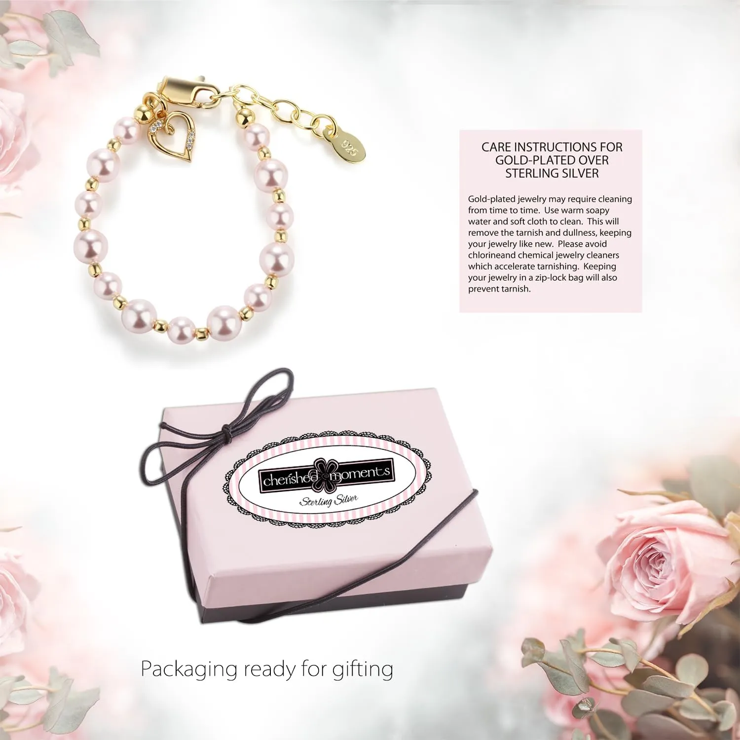 Cherished Moments Children's 14K Gold-plated Bracelet with Pink High-End Simulated Pearls and Cross or Heart Charm for Baptism, Christening or First Communion Gift for Girls