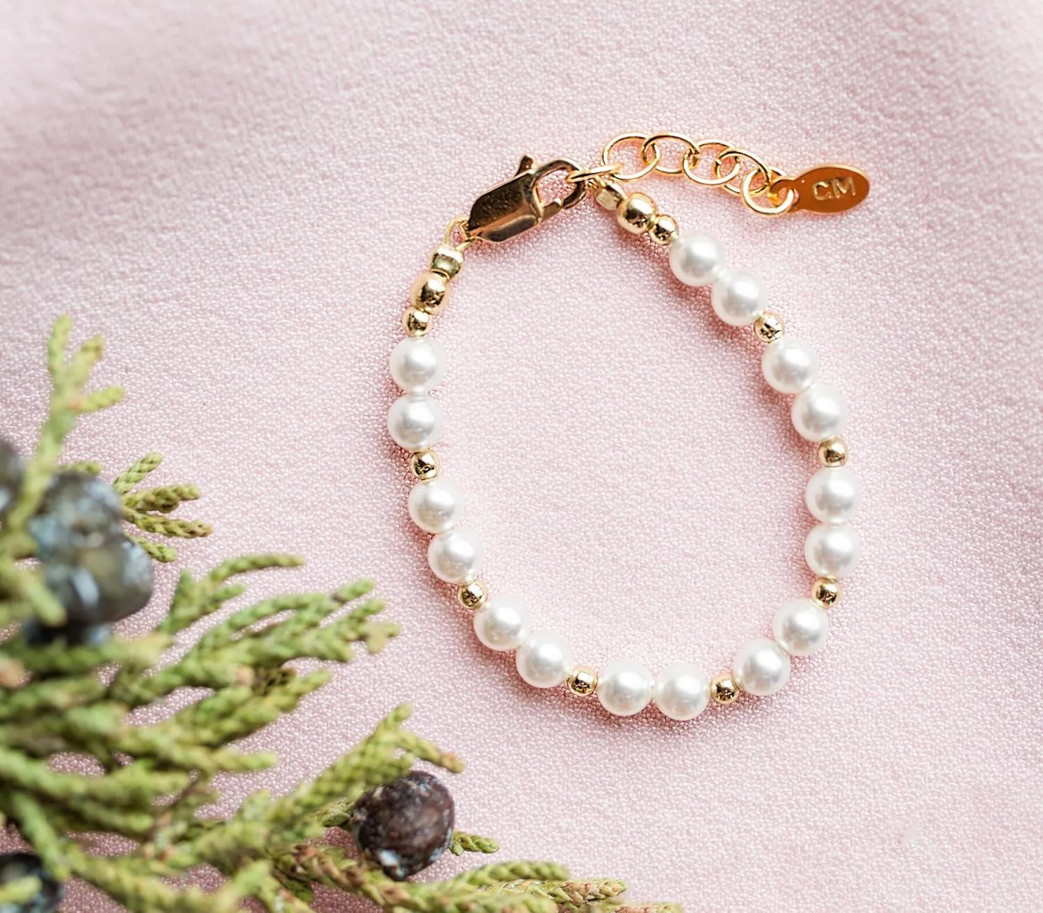 Cherished Moments Children's 14K Gold-plated over Sterling Silver Bracelet with White High-End Simulated Pearls for Babies, Infants, Toddlers, and Girls