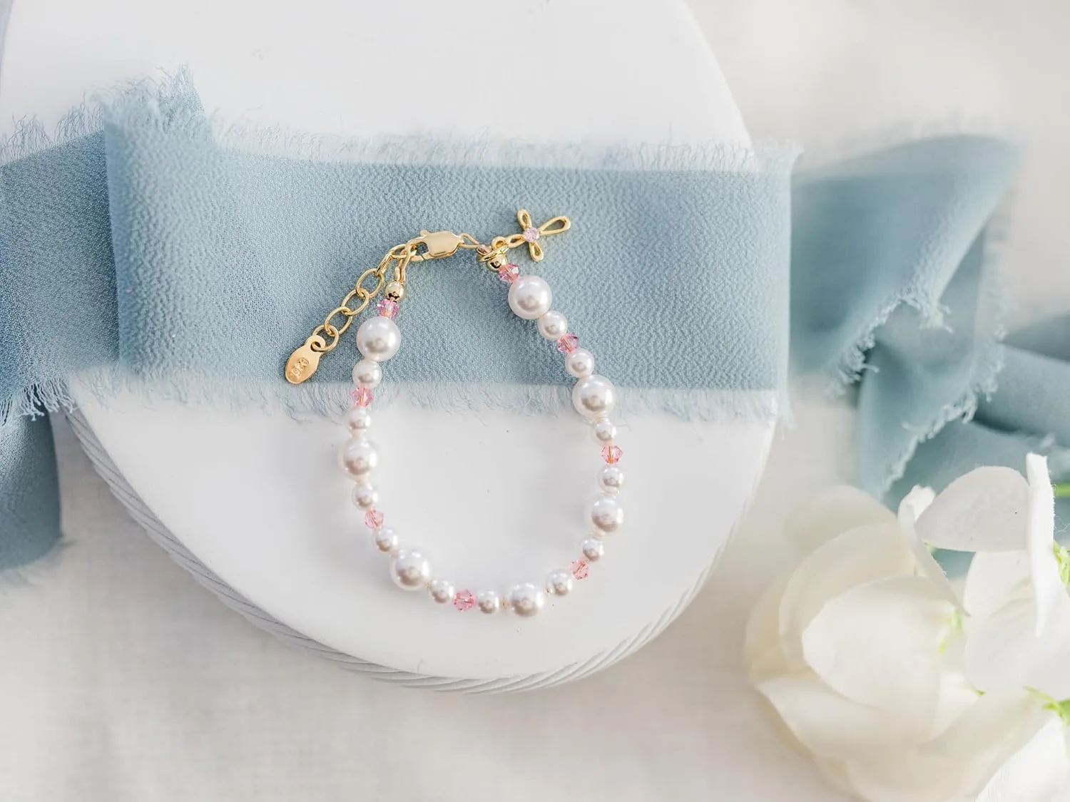 Cherished Moments Children's First Communion 14K Gold-Plated Pink Cross Bracelet with High-End Simulated Pearls For Girls Communion Gift
