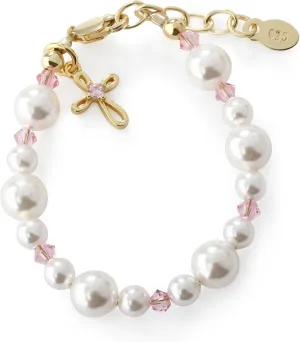 Cherished Moments Children's First Communion 14K Gold-Plated Pink Cross Bracelet with High-End Simulated Pearls For Girls Communion Gift