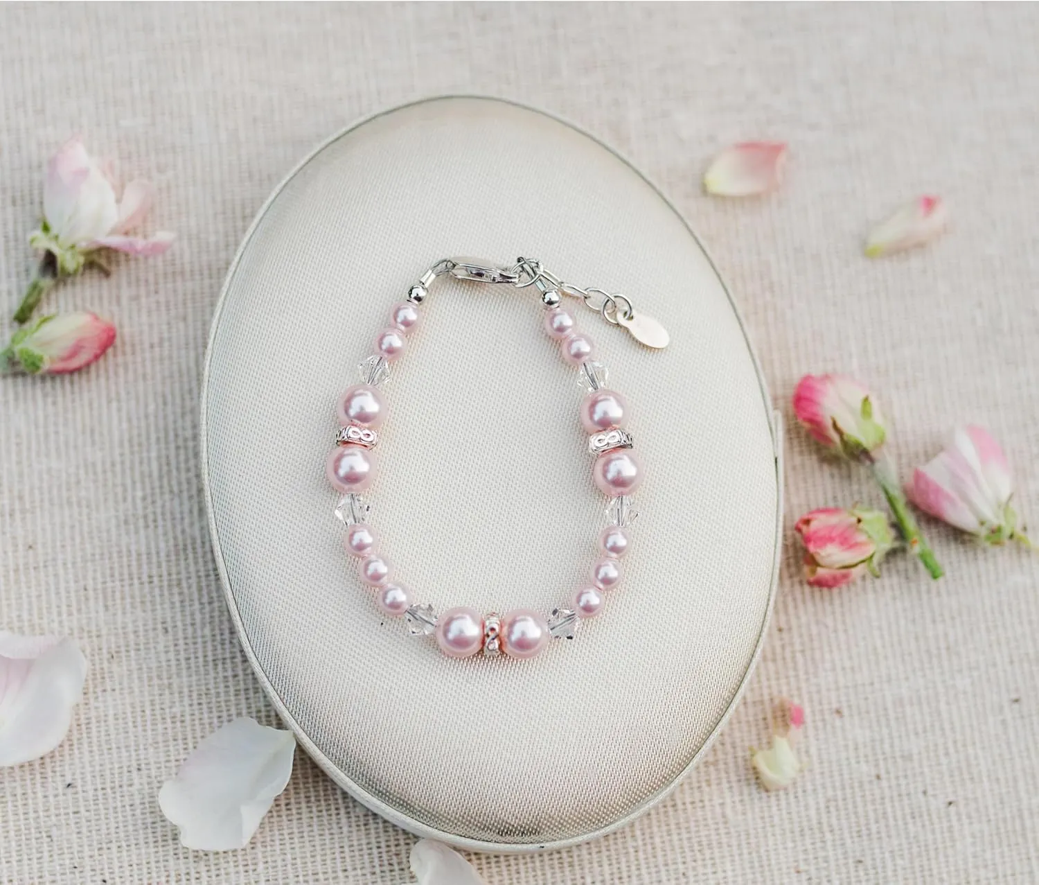 Cherished Moments Children's or Baby Sterling Silver Flower Girl Bracelet with Pink High-End Simulated Austrian Pearls for Girls