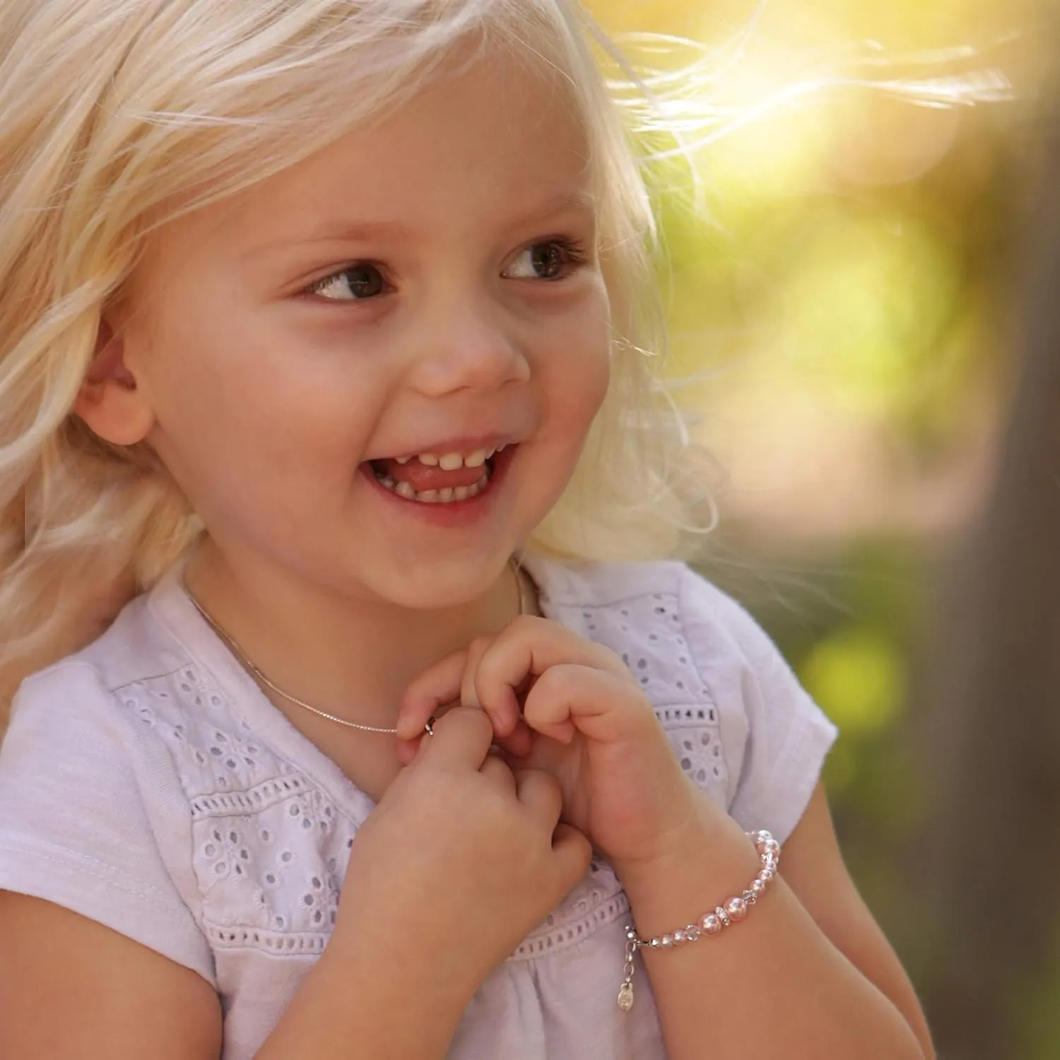 Cherished Moments Children's or Baby Sterling Silver Flower Girl Bracelet with Pink High-End Simulated Austrian Pearls for Girls