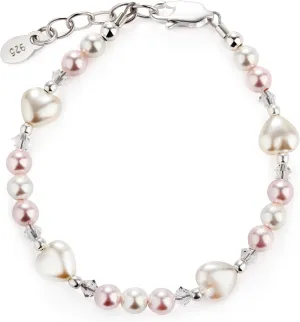 Cherished Moments Children's Sterling Silver Heart Bracelet with High-End Simulated Pearls and Crystals for Babies, Kids, or Little Girls