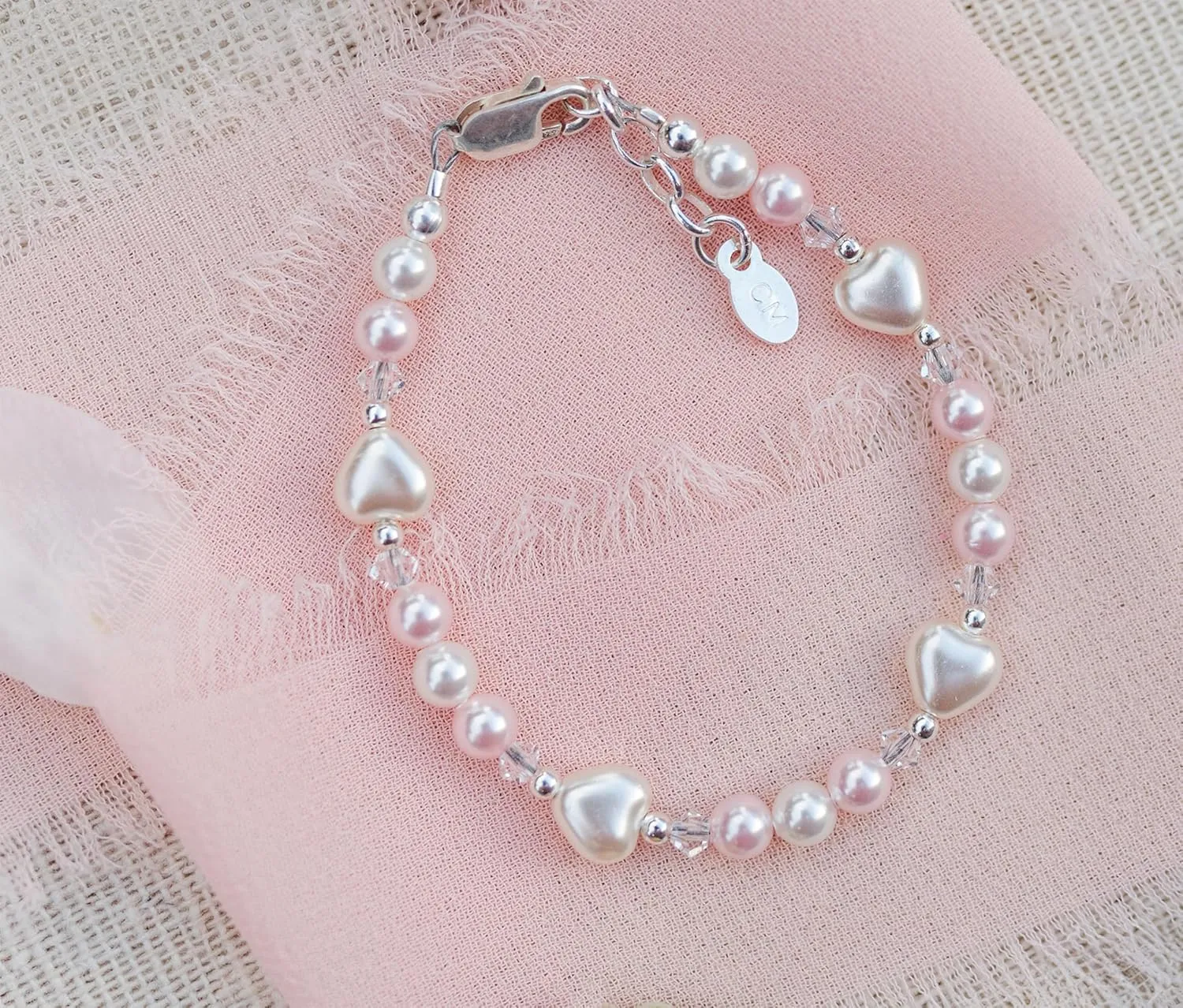 Cherished Moments Children's Sterling Silver Heart Bracelet with High-End Simulated Pearls and Crystals for Babies, Kids, or Little Girls